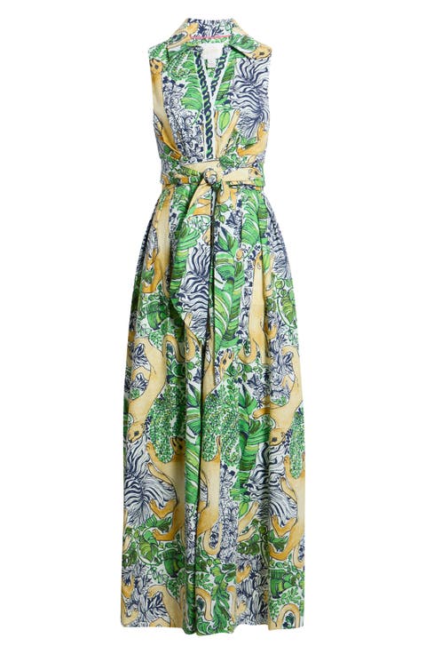 Marria Mixed Print Sleeveless Stretch Cotton Shirtdress
