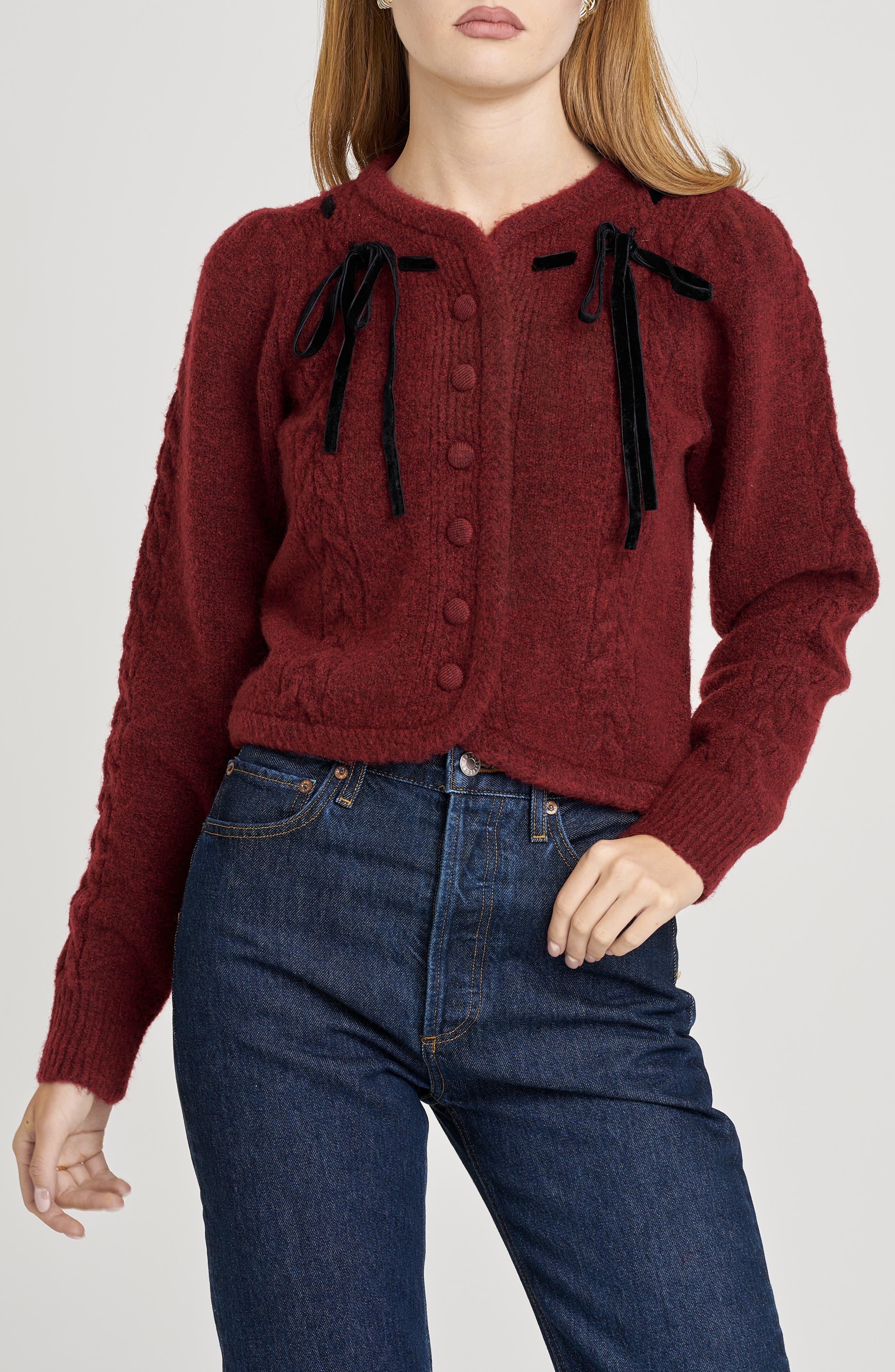 WAYF x Sara Walker Jackie Velvet Bow Cable Stitch Cardigan