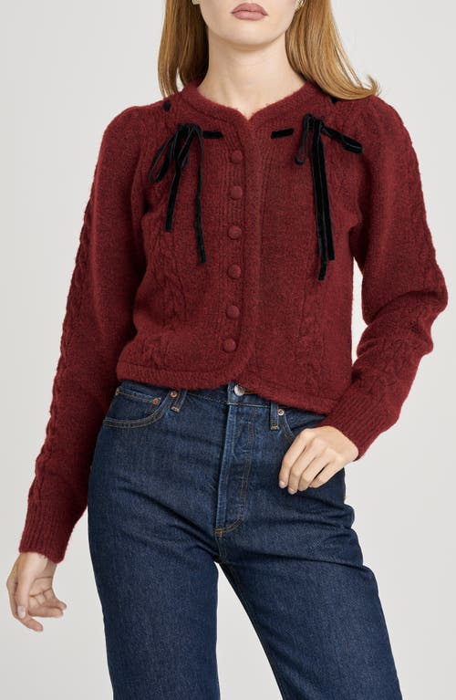 Wayf X Sara Walker Jackie Velvet Bow Cable Stitch Cardigan In Burgundy