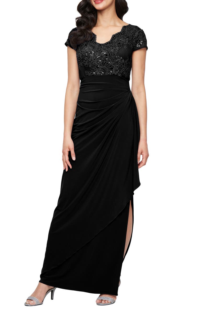 Alex Evenings Sequin Embroidered Ruched Gown, Main, color, Black