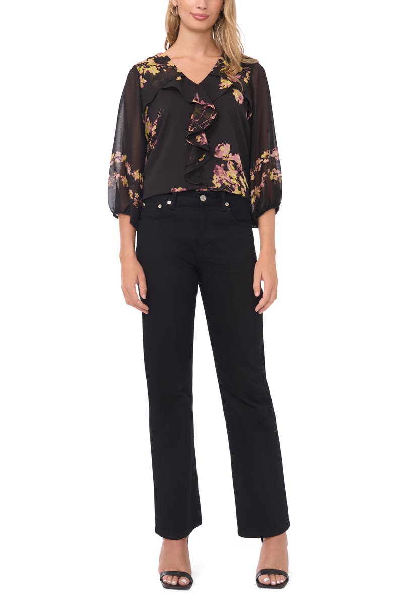 Vince Camuto Placed Floral Ruffle Detail Top, Alternate, color, Rich Black