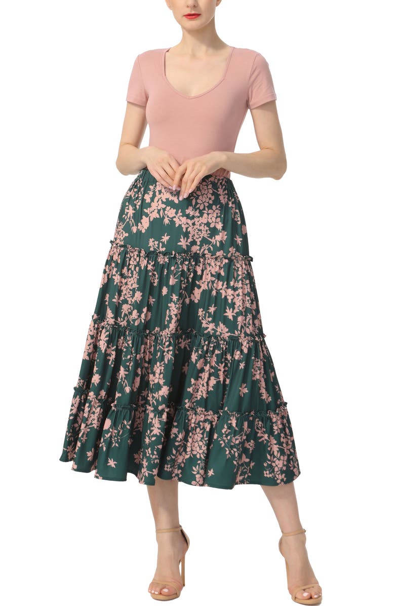 Kimi & Kai Women's Tiered Midi Skirt, Alternate, color, Forest Green