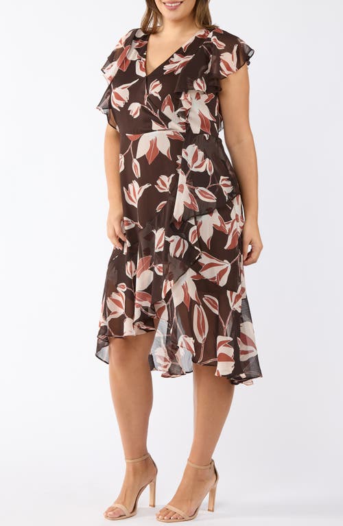 Estelle Azalea Petal Faux Wrap Dress In Brown Print