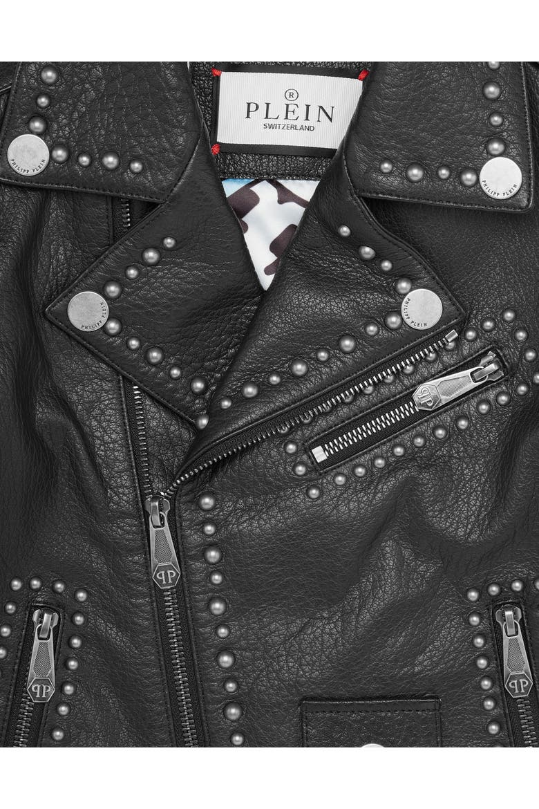 Leather Biker Jacket Smile Girl, Alternate, color, black