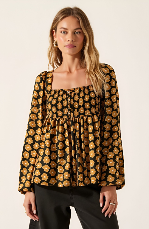 Modenaire Floral Print Smocked Bodice Long Sleeve Top With Square Neckline In Brown