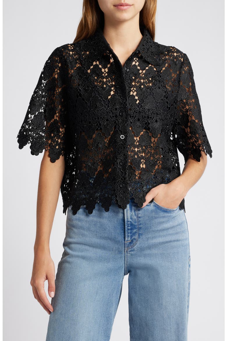 Lace Button-Up Shirt, Main, color, BLACK