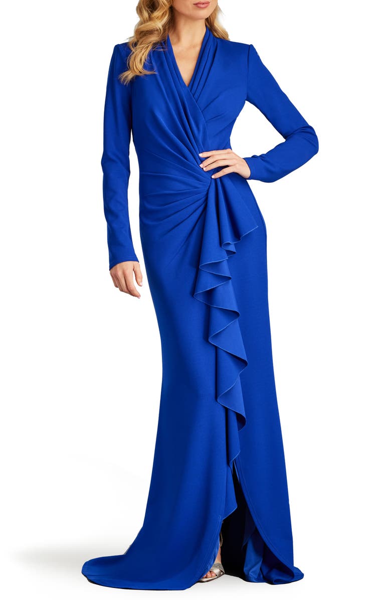 Tadashi Shoji Drape Ruffle Long Sleeve Stretch Crepe Gown, Alternate, color, Mystic Blue