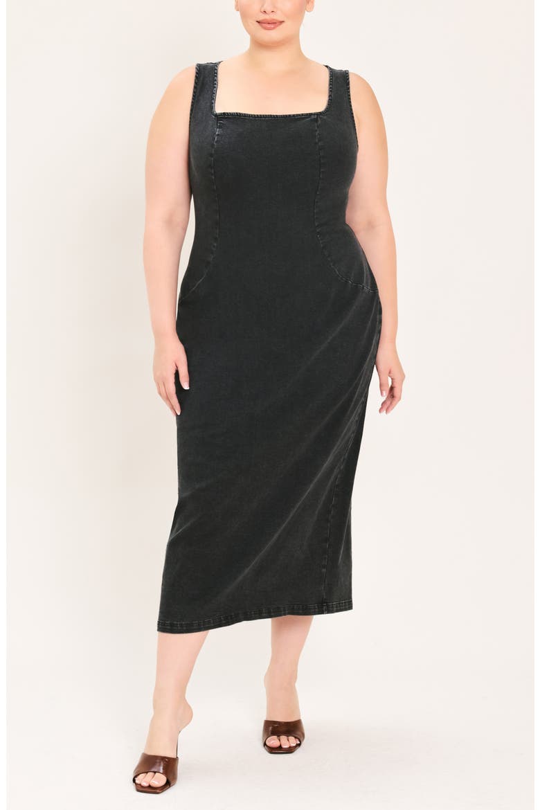 Square Neck Denim Midi Dress, Main, color, BLACK