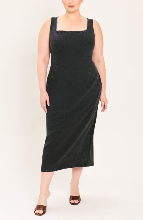 Square Neck Denim Midi Dress