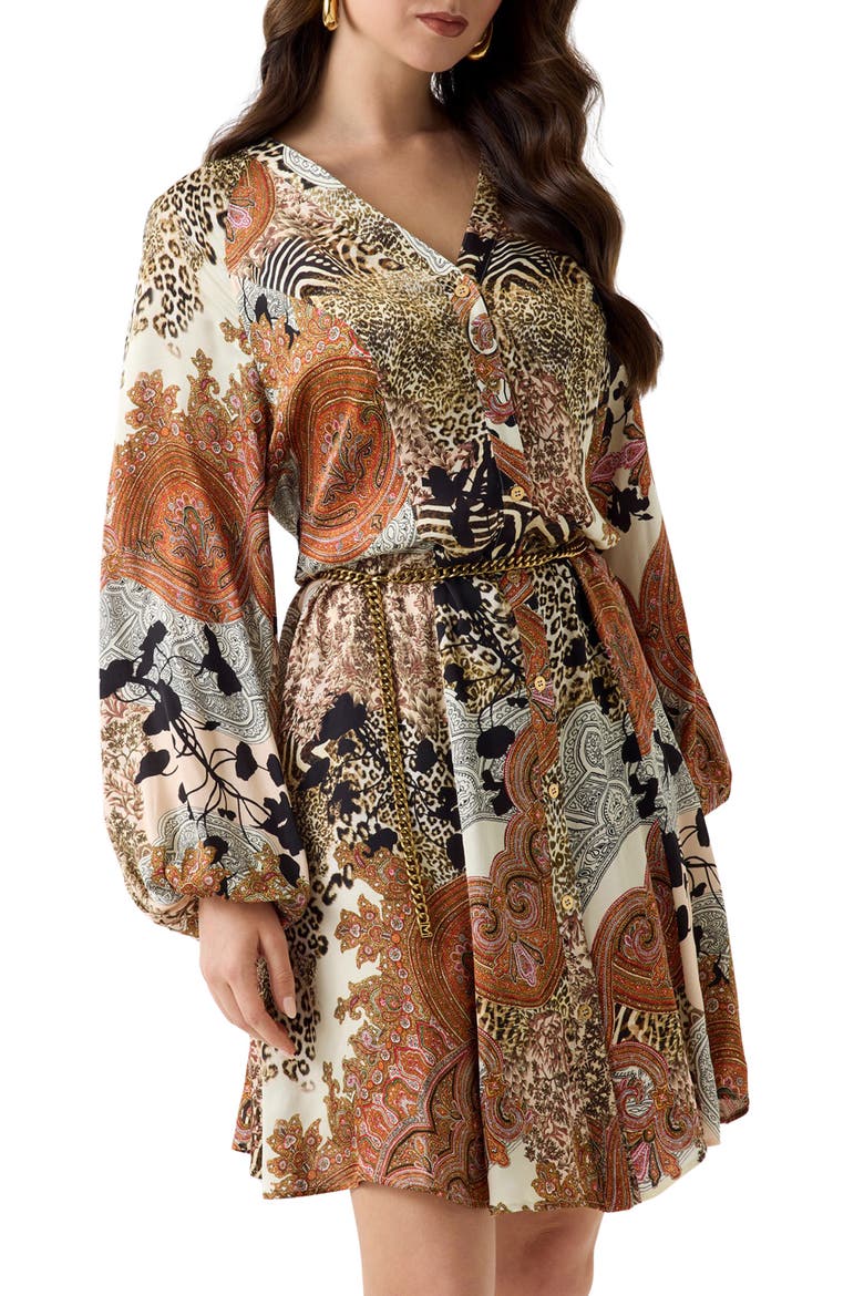 Gwenda Long Sleeve Mixed Print Dress, Alternate, color, BROWN MULTI