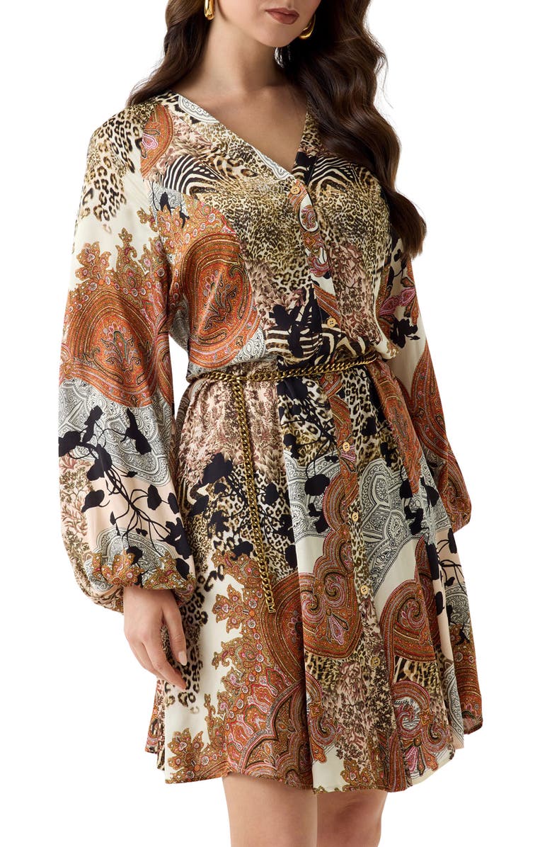 Marciano Gwenda Long Sleeve Mixed Print Dress, Alternate, color, Brown Multi