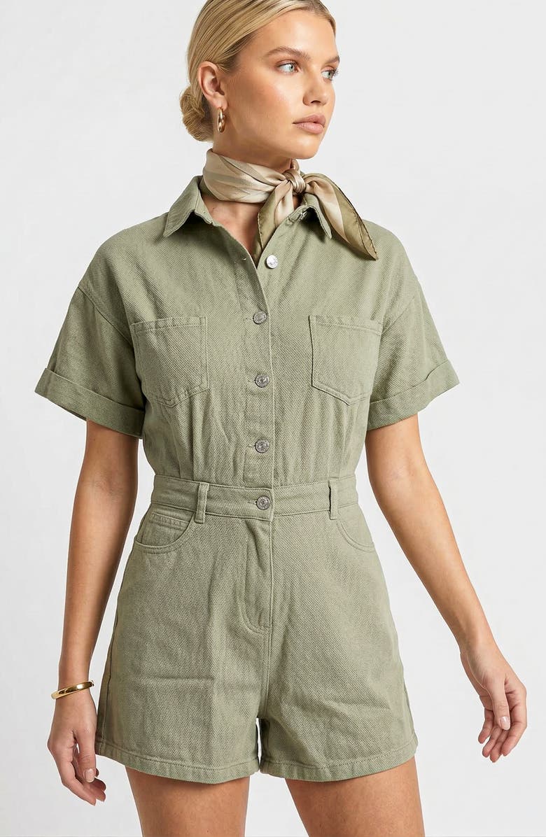 Knit & Lounge Short Sleeve Utility Romper with Button Front and Patch Pockets, Main, color, Green