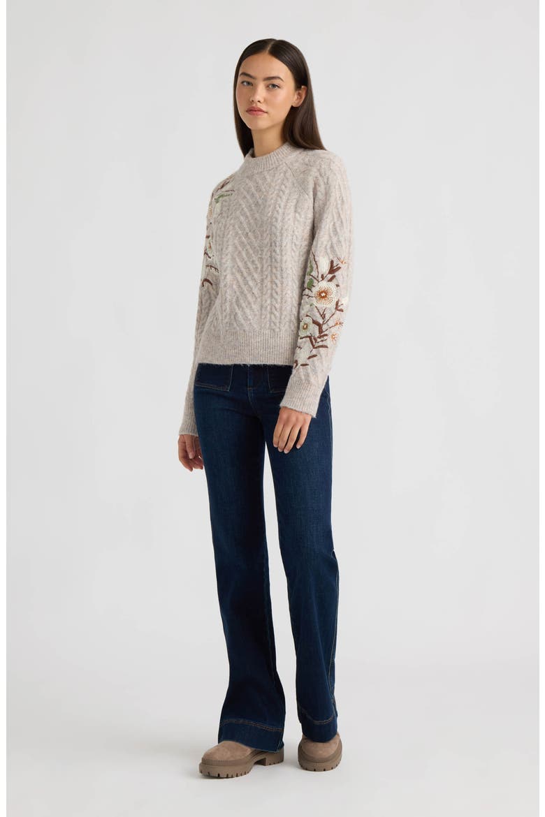 Embroidered Cable Mock Neck Sweater, Alternate, color, LIGHT GREY MELANGE