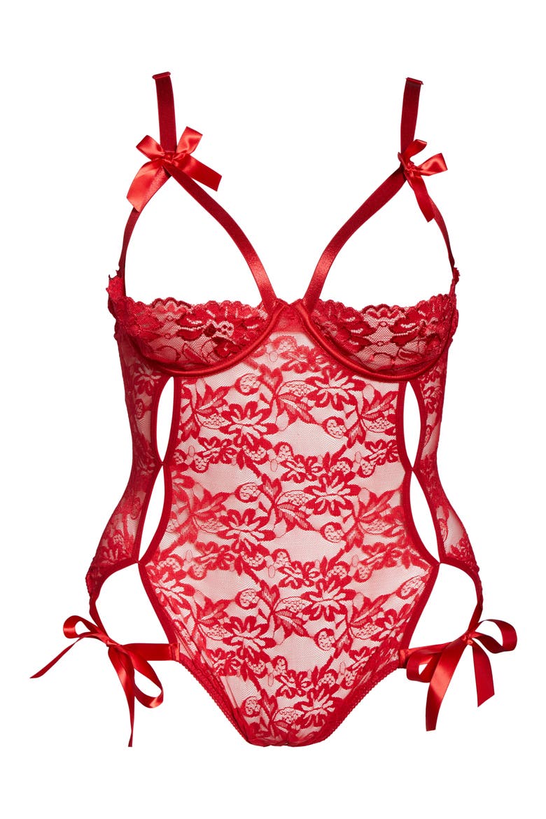 Zara Underwire Open Cup Open Gusset Lace Teddy, Alternate, color, RED