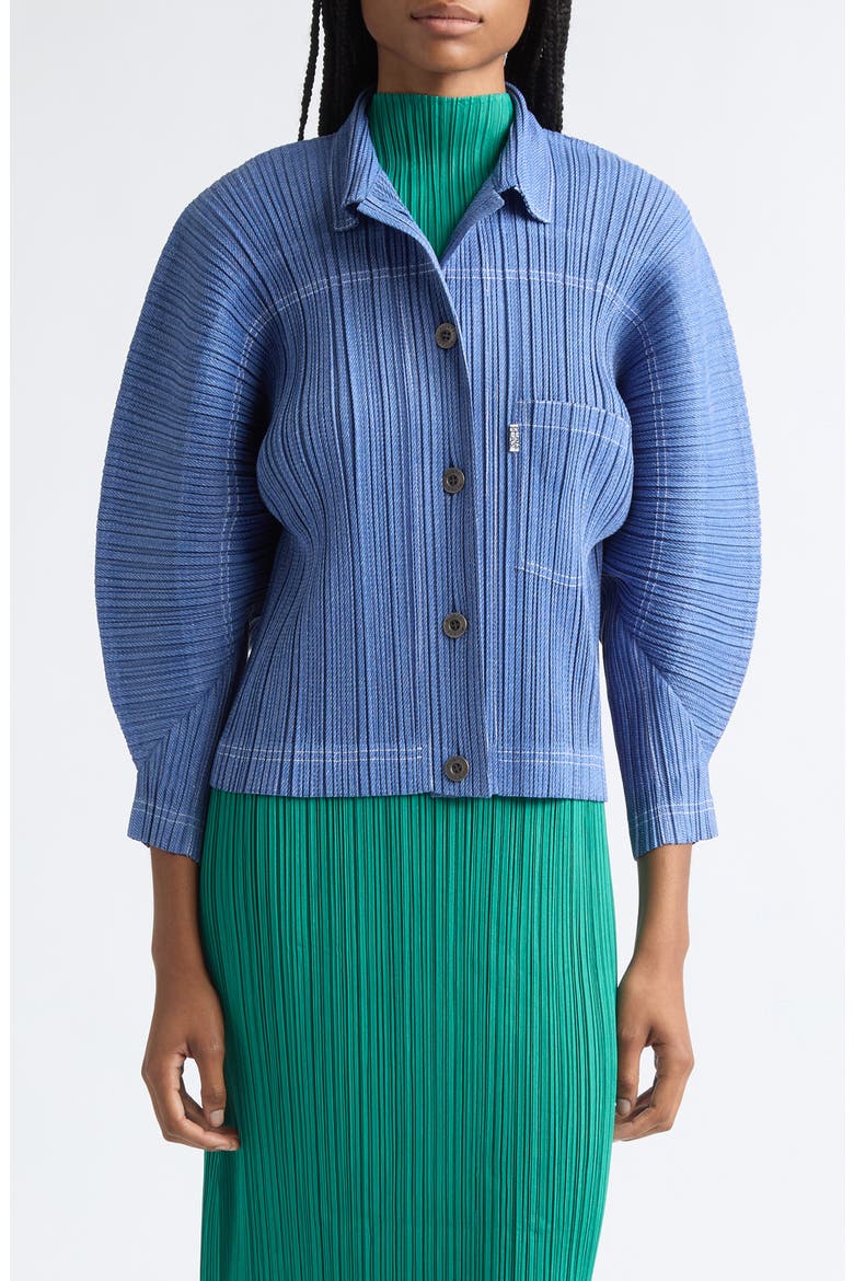 Plissé Denim Jacket, Main, color, BLUE