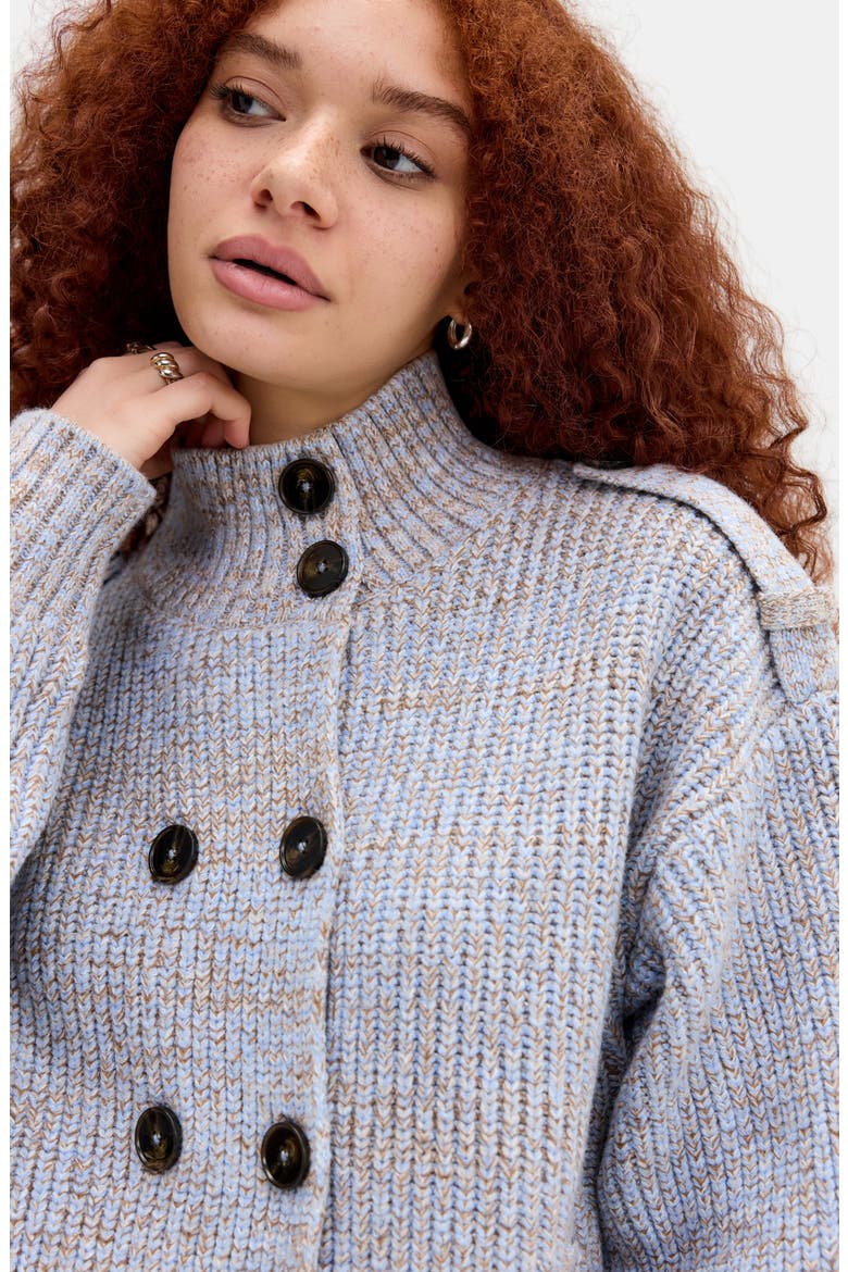 Ribbed Double Breasted Funnel Neck Cardigan, Alternate, color, BLUE