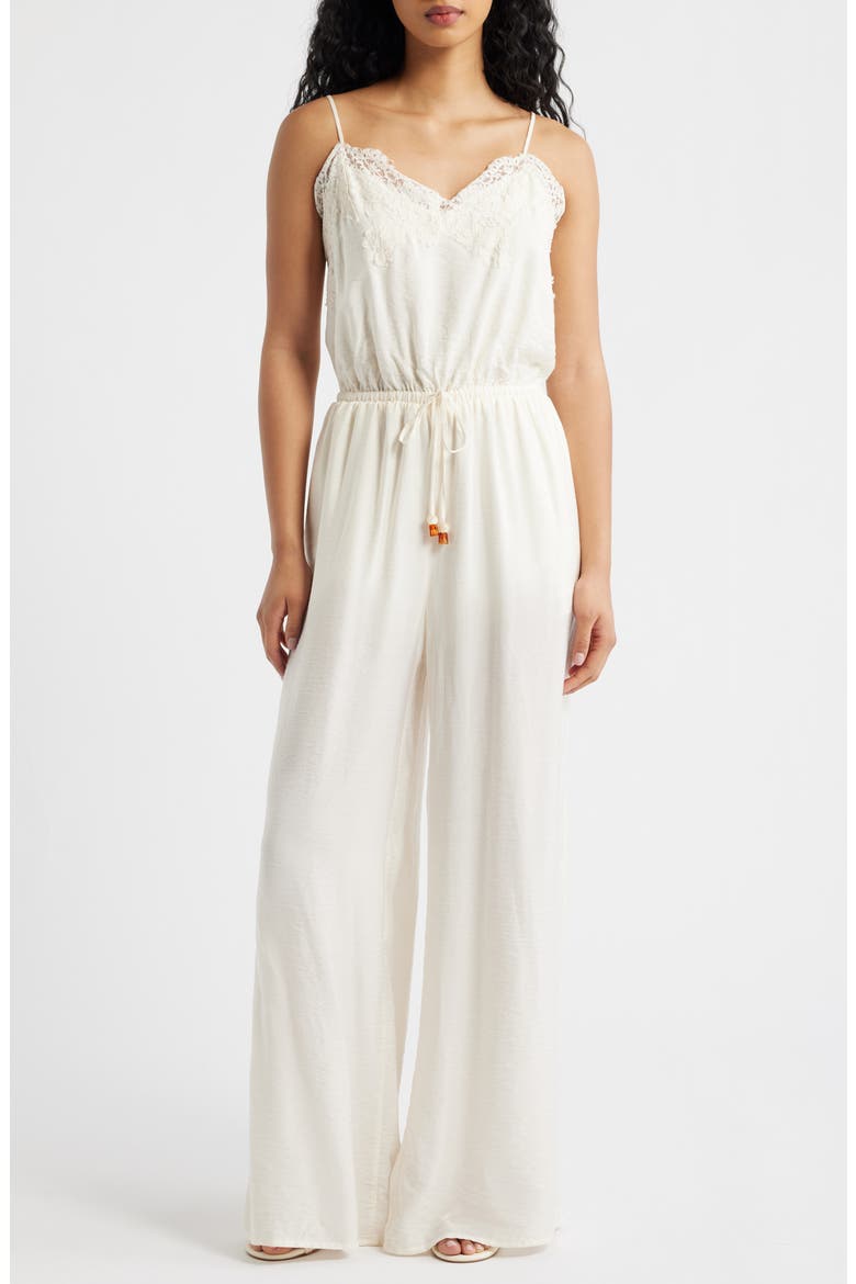 Wide Leg Lace & Satin Jumpsuit, Main, color, EGRET