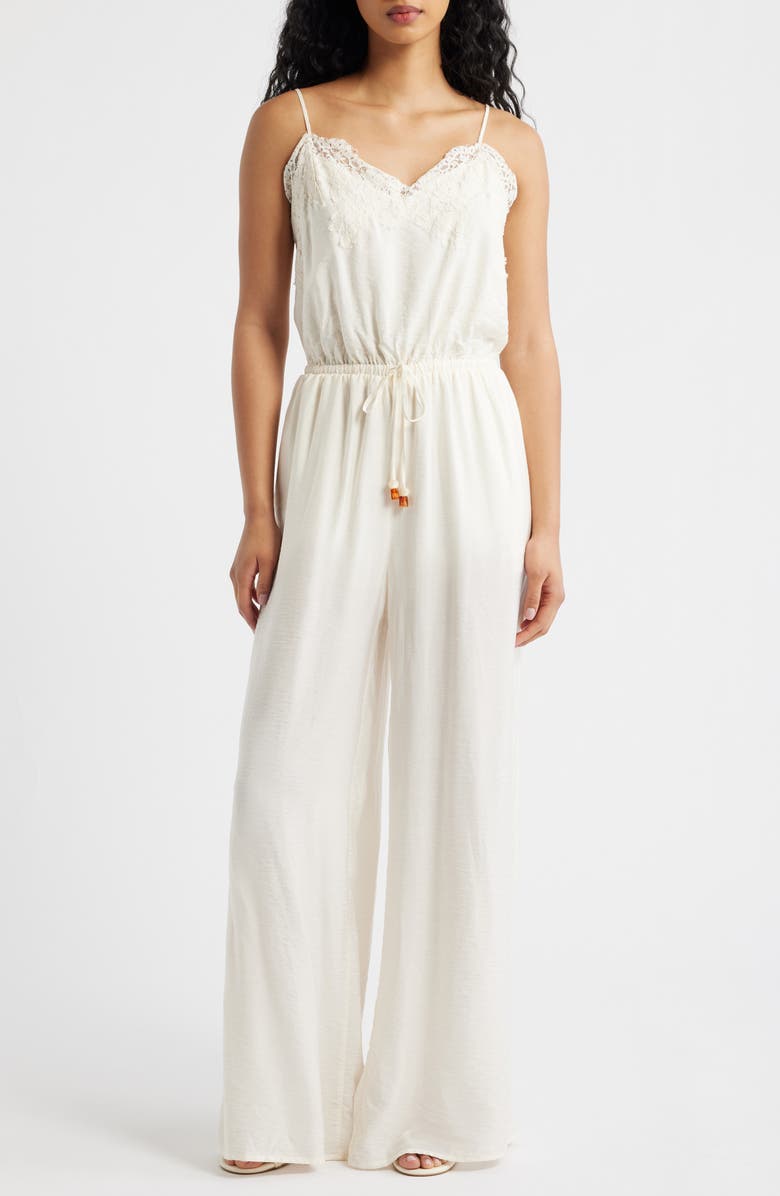 KITTENISH Wide Leg Lace & Satin Jumpsuit, Main, color, Egret