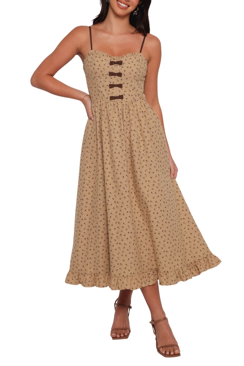 Robbins Bow Floral Print Sleeveless Maxi Dress, Main, color, BEIGE BROWN