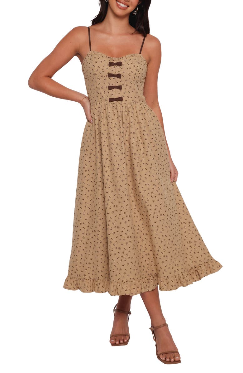 Petal & Pup Robbins Bow Floral Print Sleeveless Maxi Dress, Main, color, Beige Brown