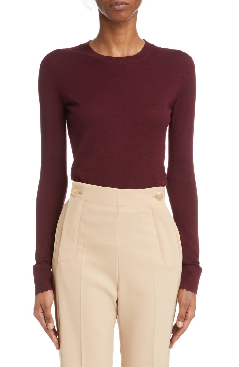 Chloé Scalloped Cuff Crewneck Merino Wool Sweater, Main, color, 