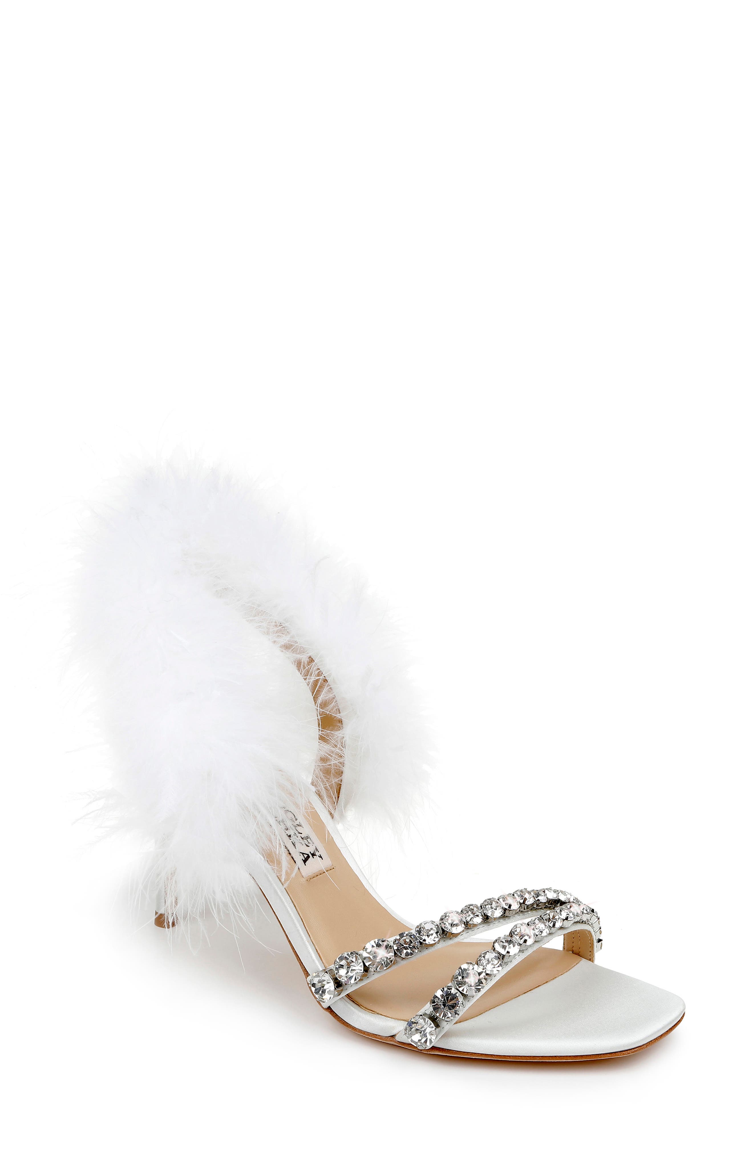 Harley Feather Embellished Sandal, Main, color, SOFT WHITE SATIN