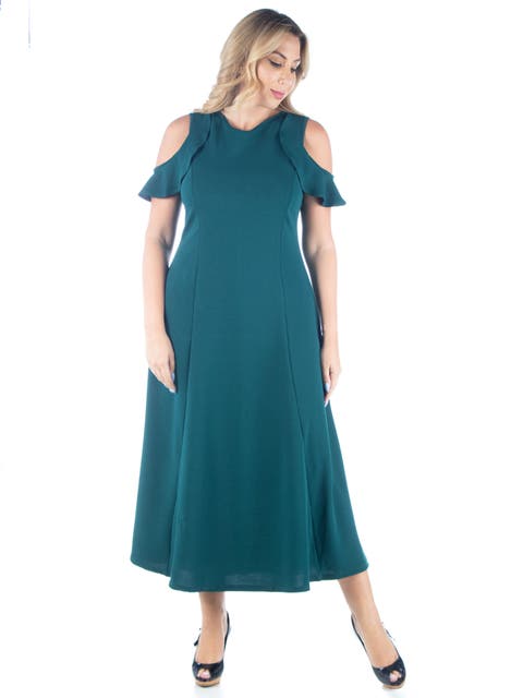 Ruffle Cold Shoulder A-Line Maxi Dress
