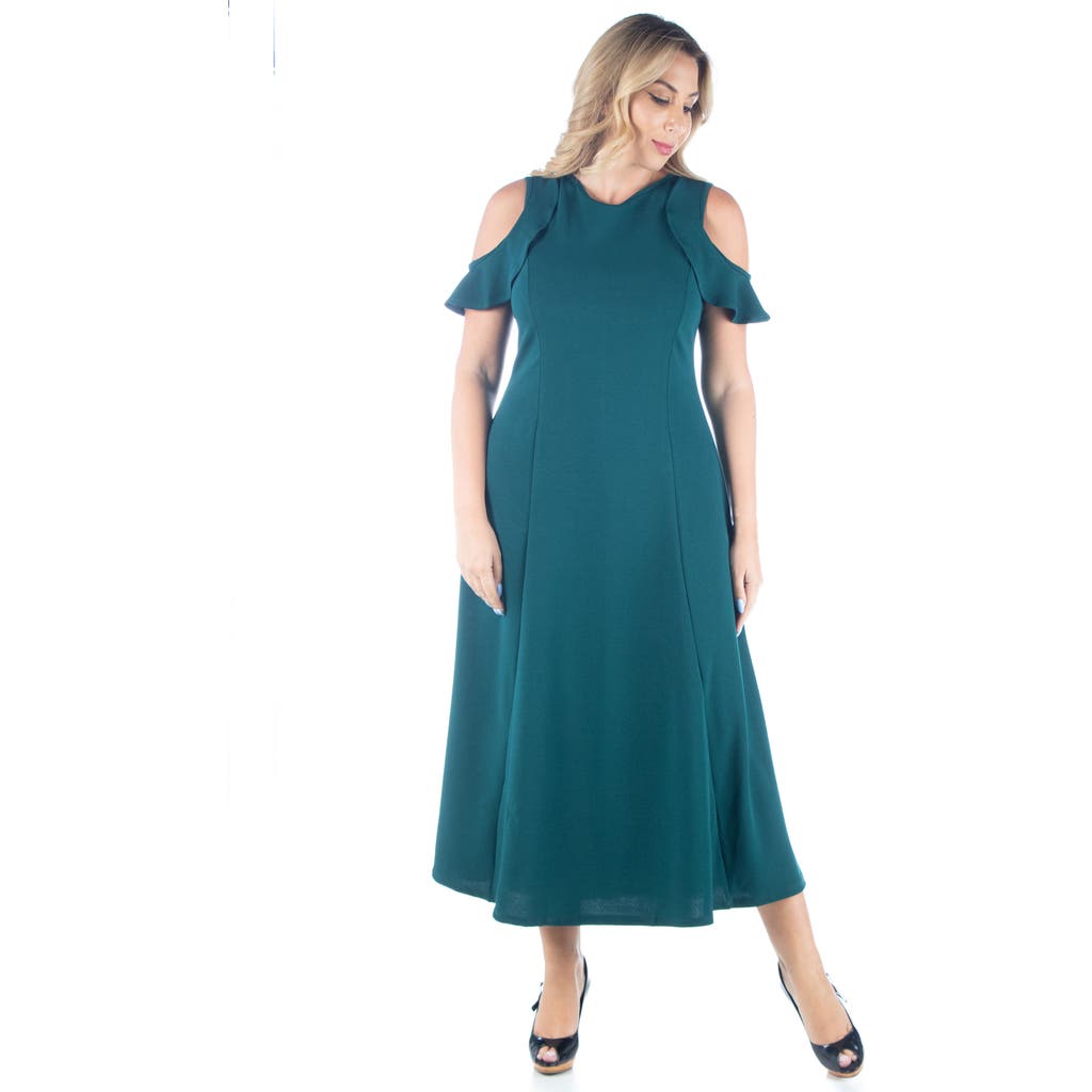 24seven Comfort Apparel Plus Size Ruffle Cold Shoulder A Line Maxi Dress In Animal Print