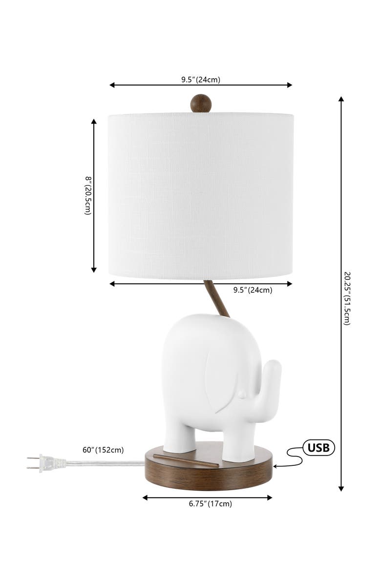 JONATHAN Y Ellie 20.25" Bohemian Designer Iron/Resin Elephant LED Kids' Table Lamp with Phone Stand and USB Charging Port, Alternate, color, White