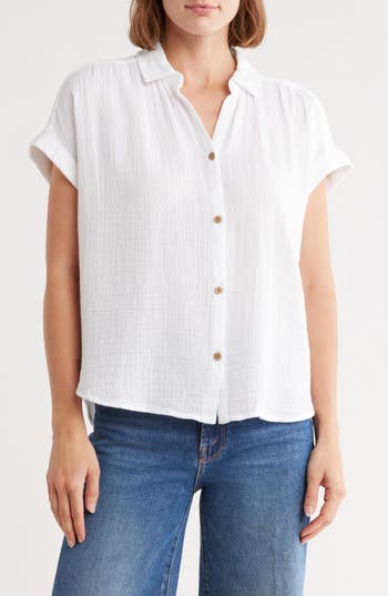 Beachlunchlounge Dawson Short Sleeve Cotton Button-up Shirt In White