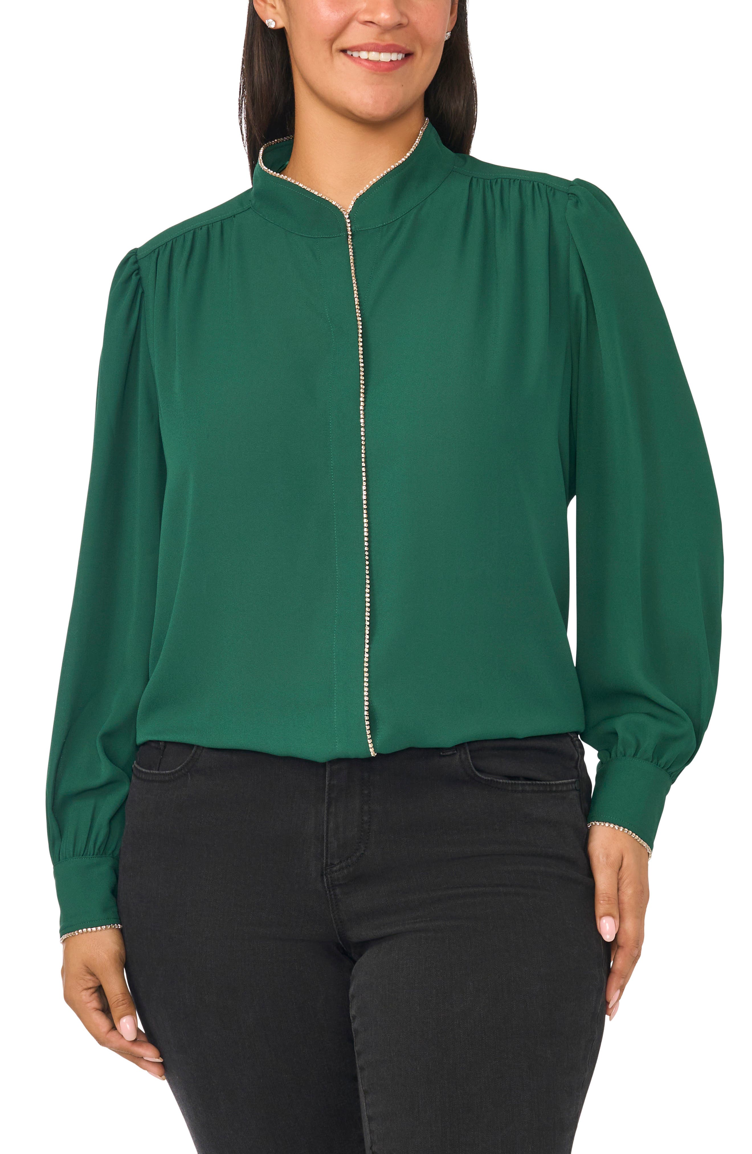 CeCe Rhinestone Trim Long Sleeve Blouse (Women) | Nordstrom