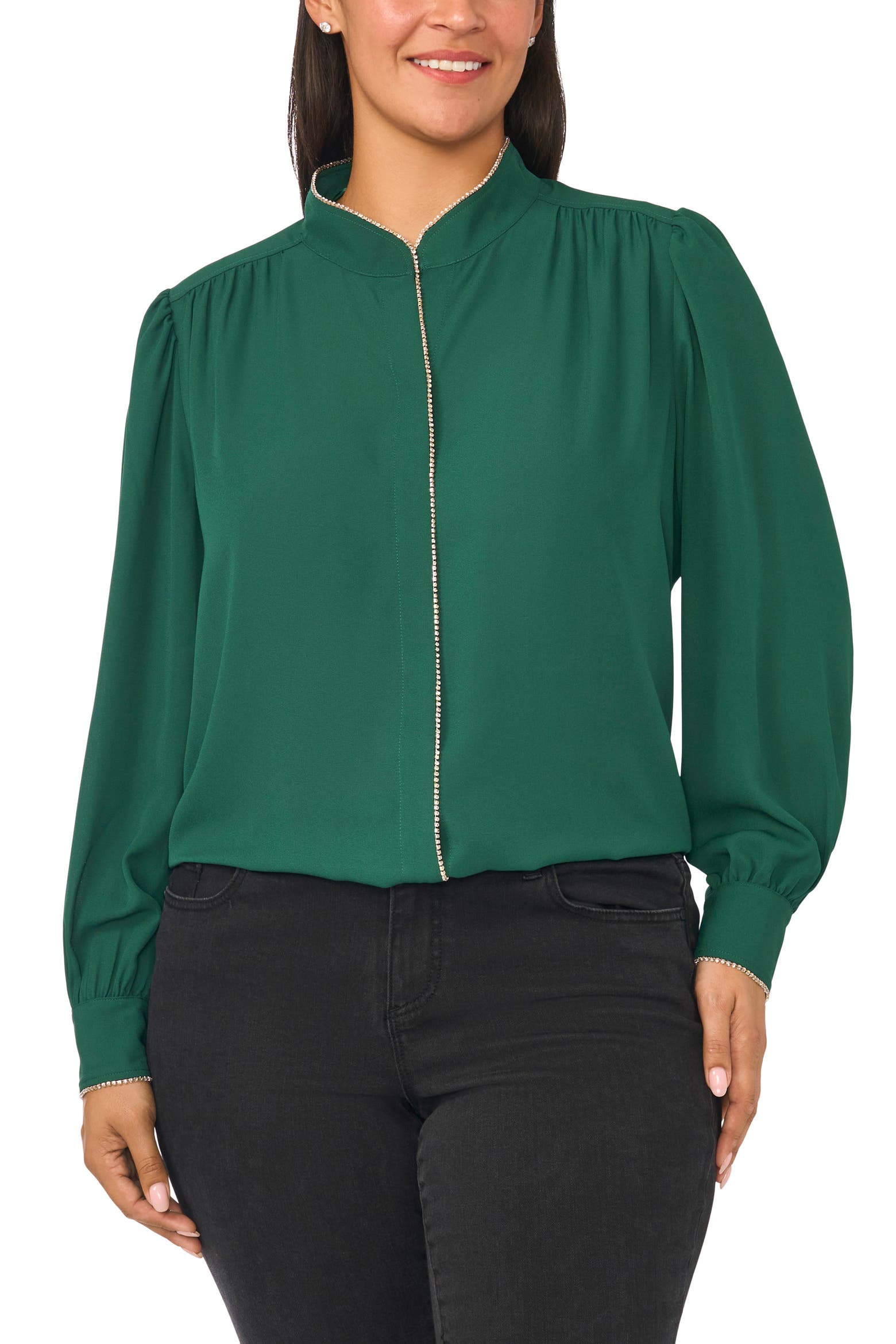 Ab Rhinestone Trim CeCe Rhinestone Trim Long Sleeve Blouse (Women) | Nordstrom