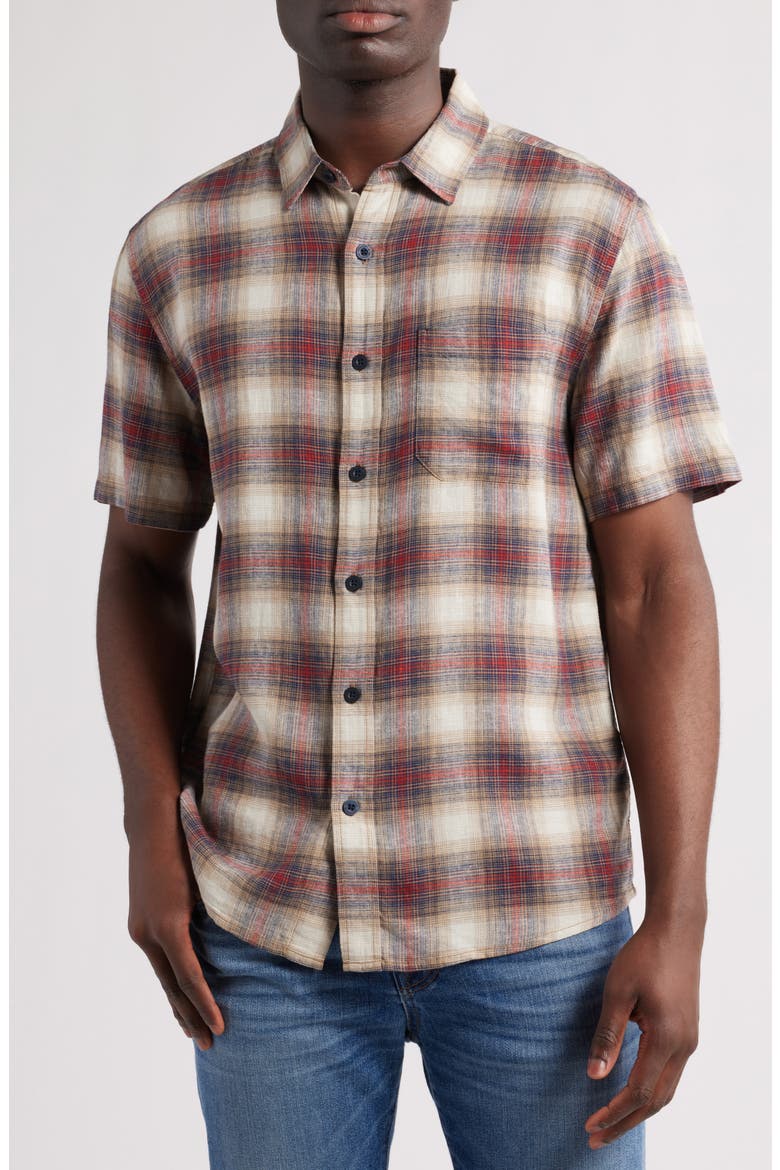 Dawson Plaid Short Sleeve Linen Blend Button-Up Shirt, Main, color, TAN/ BRICK PLAID