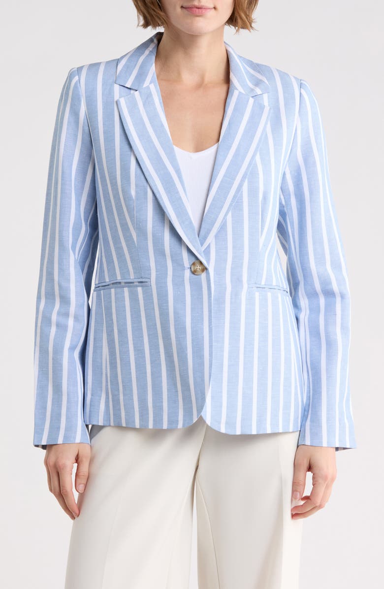 T Tahari Stripe Notch Lapel Linen Blend Blazer, Main, color, Blue/ White Stripe
