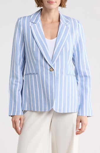 T Tahari Stripe Notch Lapel Linen Blend Blazer