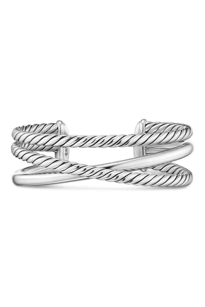 Bold Crossover Three Row Cuff Bracelet in Sterling Silver, 19mm, Main, color, SILVER