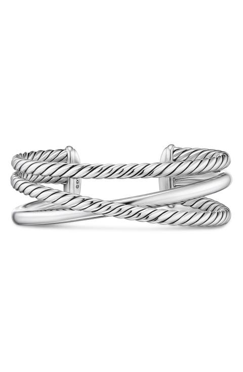 Bold Crossover Three Row Cuff Bracelet in Sterling Silver, 19mm