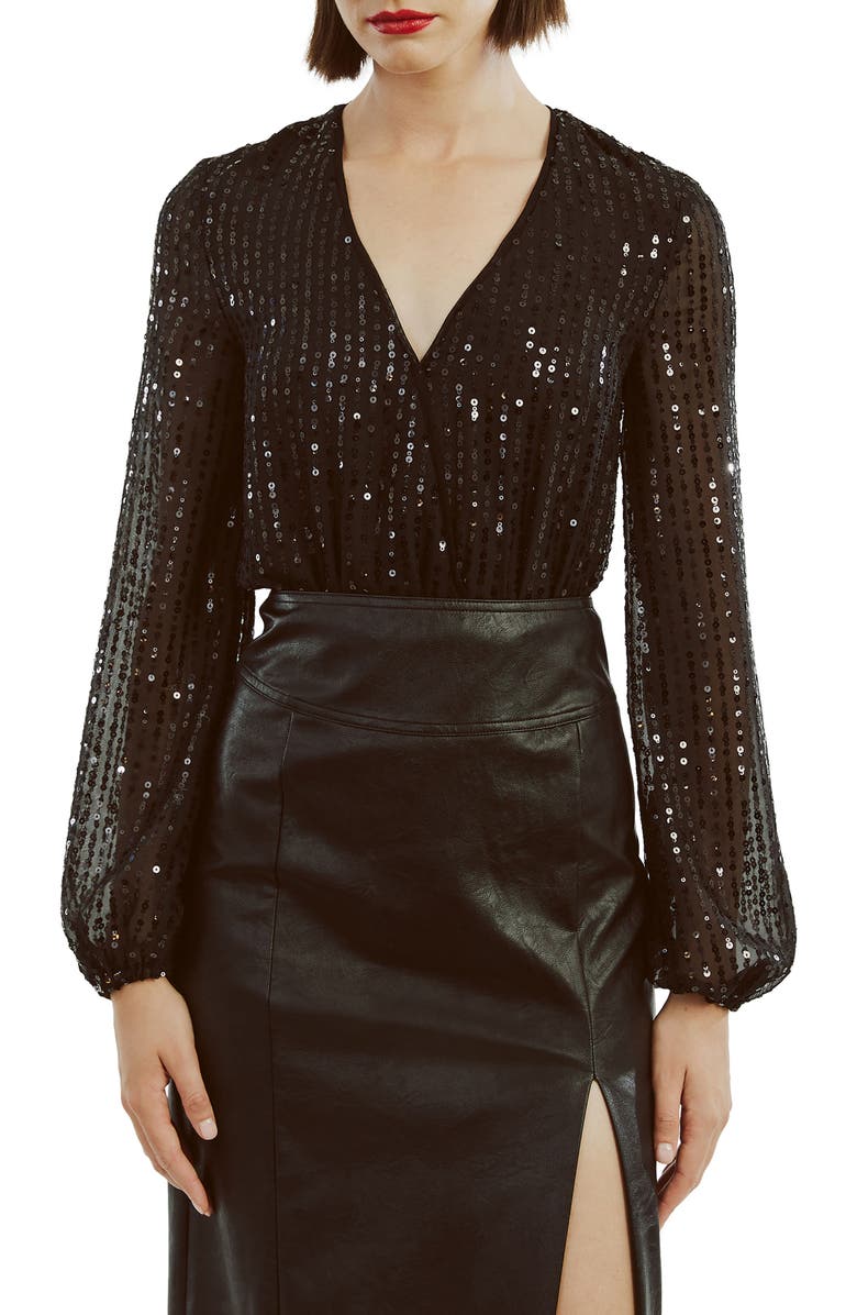 Bardot Sequin Wrap Front Bodysuit, Main, color, Black
