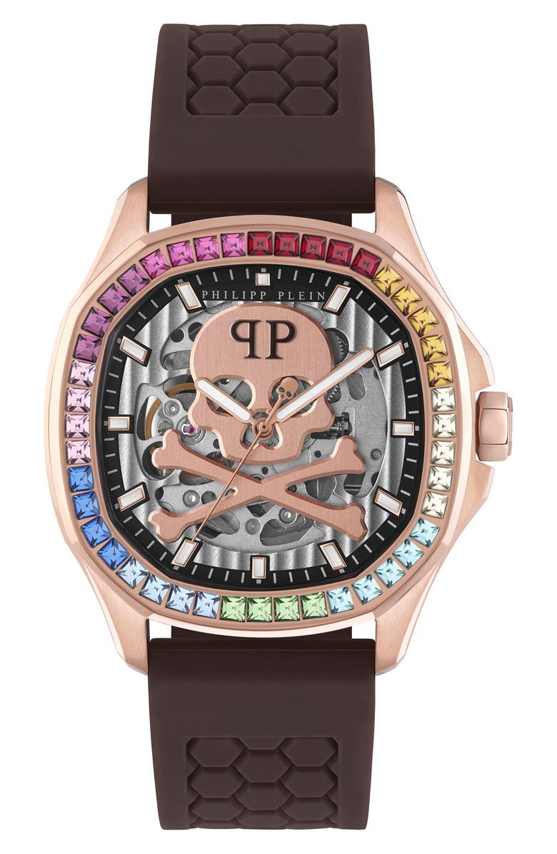 PHILIPP PLEIN Skeleton Spectre Silicone Strap Watch, 42mm, Main, color, 