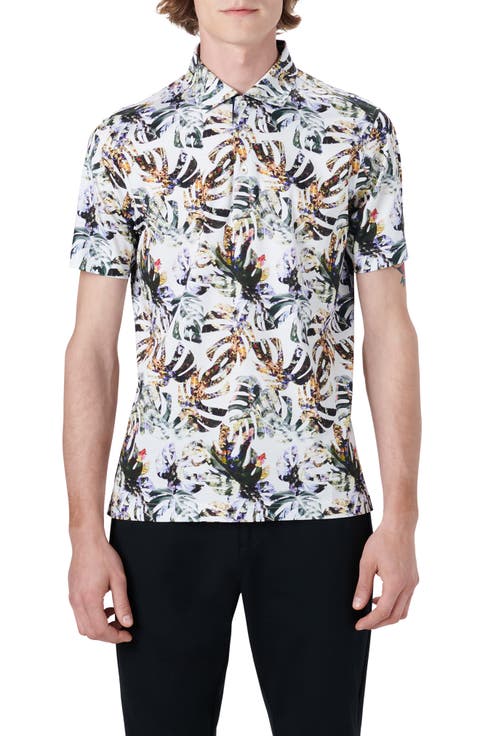 Hendrix Digital Palm Leaf Print Cotton Polo