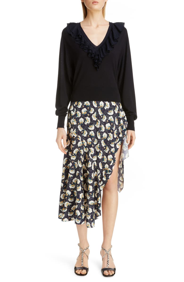 Chloé Asymmetrical Floral Print Stretch Silk Midi Skirt, Alternate, color, 