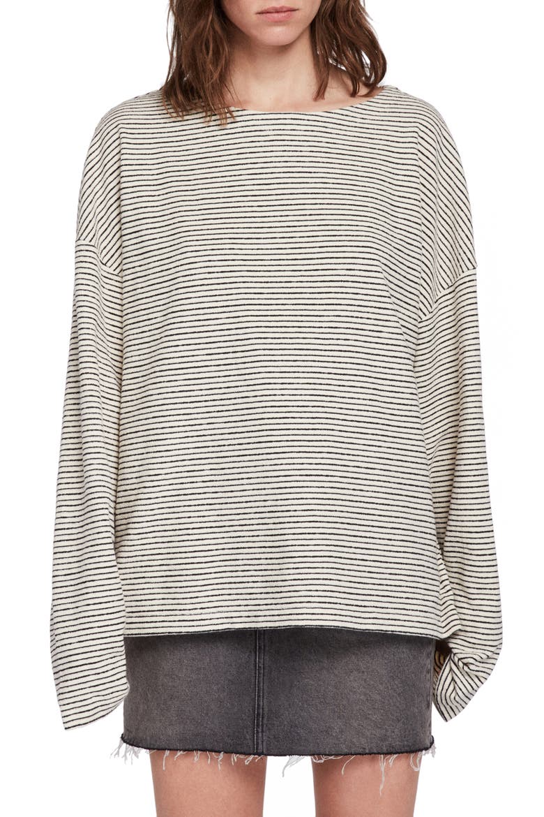 Adelise Stripe Long Sleeve Cotton Tee, Main, color, ECRU WHITE/ BLACK