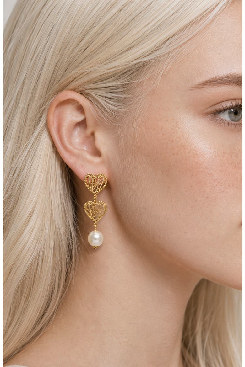 Golden Heart Faux Pearl Drop Earrings, Alternate, color, GOLD