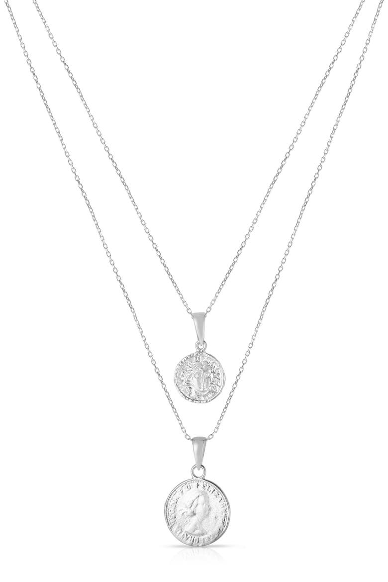 Set of 2 Rhodium Plated Sterling Silver Coin Pendant Necklaces, Main, color, SILVER