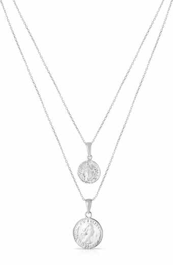 Set of 2 Rhodium Plated Sterling Silver Coin Pendant Necklaces
