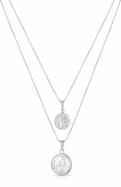 Set of 2 Rhodium Plated Sterling Silver Coin Pendant Necklaces
