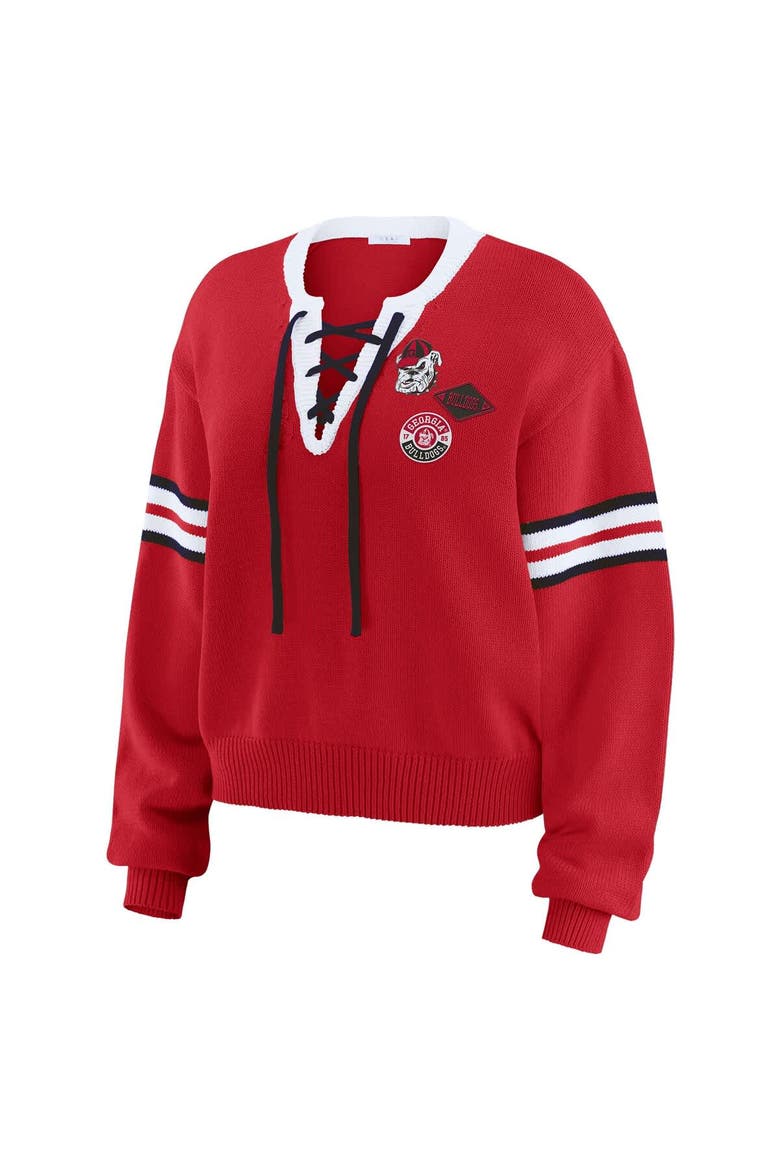 Women's WEAR by Erin Andrews Red Georgia Bulldogs Lace-Up Pullover Sweater, Alternate, color, Red