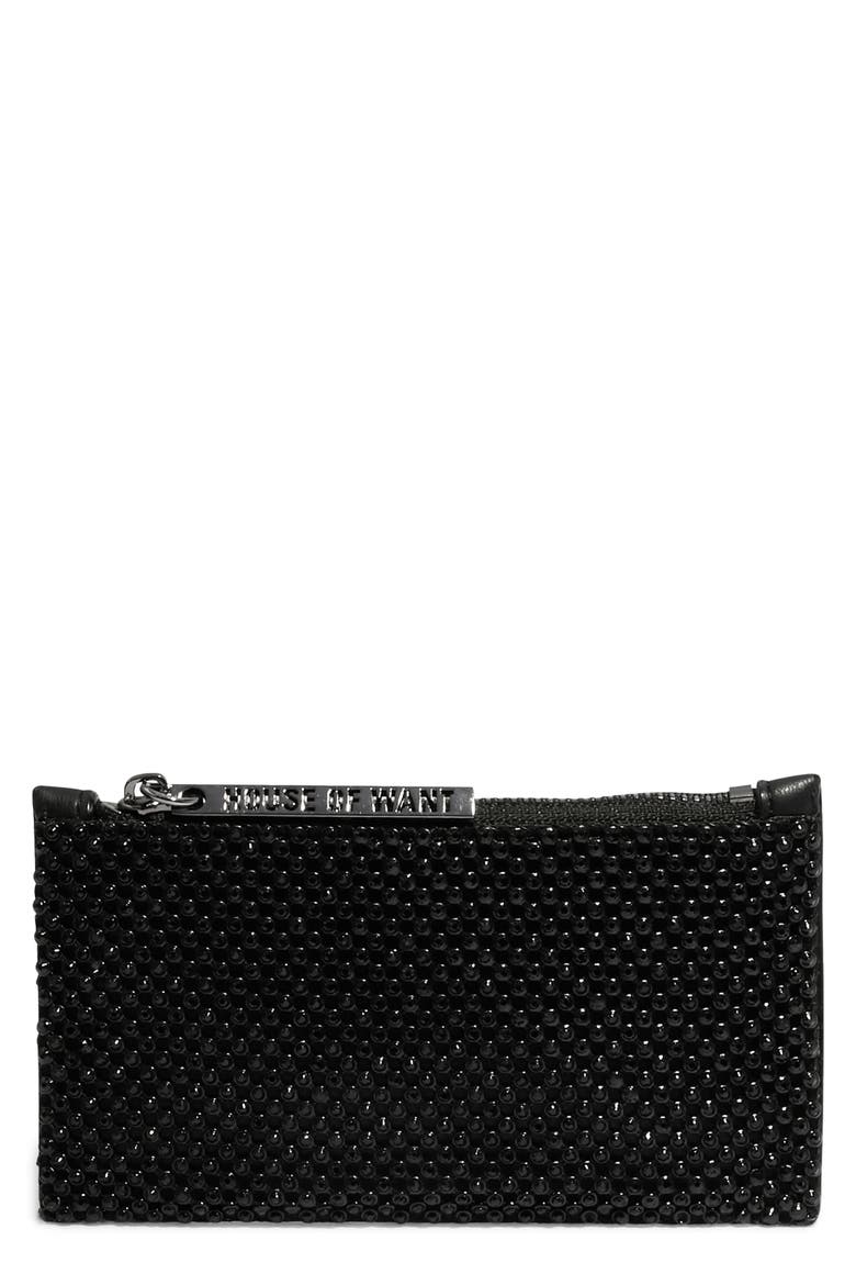 H.O.W. We Swipe Beaded Vegan Leather Card Case, Main, color, BLACK DIAMANTE