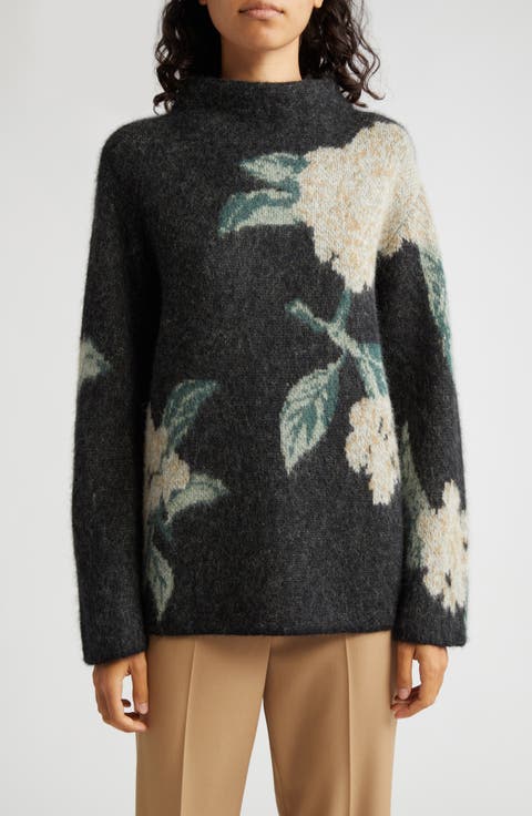 Floral Print Brushed Funnel Neck Sweater