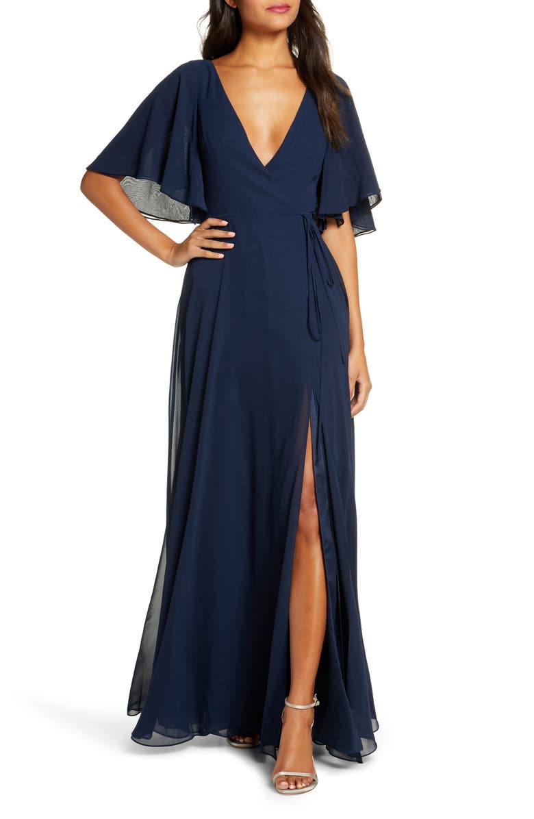 Jenny Yoo Ari Flutter Sleeve Faux Wrap Evening Gown, Main, color, 